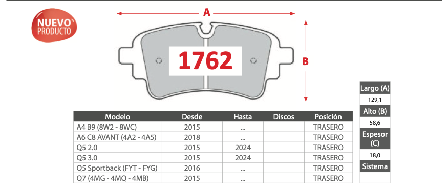 Pastilla de Freno BREMBO Audi (A4, A6, Q5, Q7) - Trasero