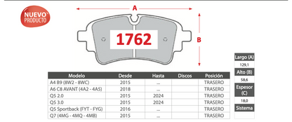 Pastilla de Freno BREMBO Audi (A4, A6, Q5, Q7) - Trasero