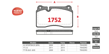 Pastilla de Freno BREMBO Audi (A3, TT, TT RS) - Trasero