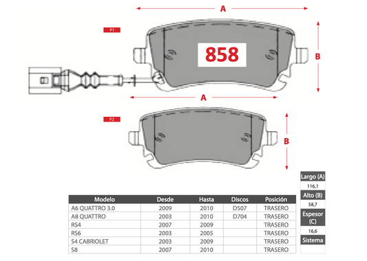 Pastilla de Freno PM Audi (A6, A8, RS4, RS6, S4, S8) - Trasero
