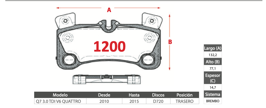 Pastilla de Freno BREMBO Audi (Q7 3.0 TDI V6 QUATTRO) - Trasero