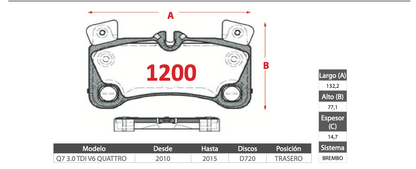Pastilla de Freno BREMBO Audi (Q7 3.0 TDI V6 QUATTRO) - Trasero