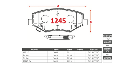 Pastilla de Freno PM BYD (M6 2.0, S6 2.0, S6 2.4, TANG EV) - Delantero