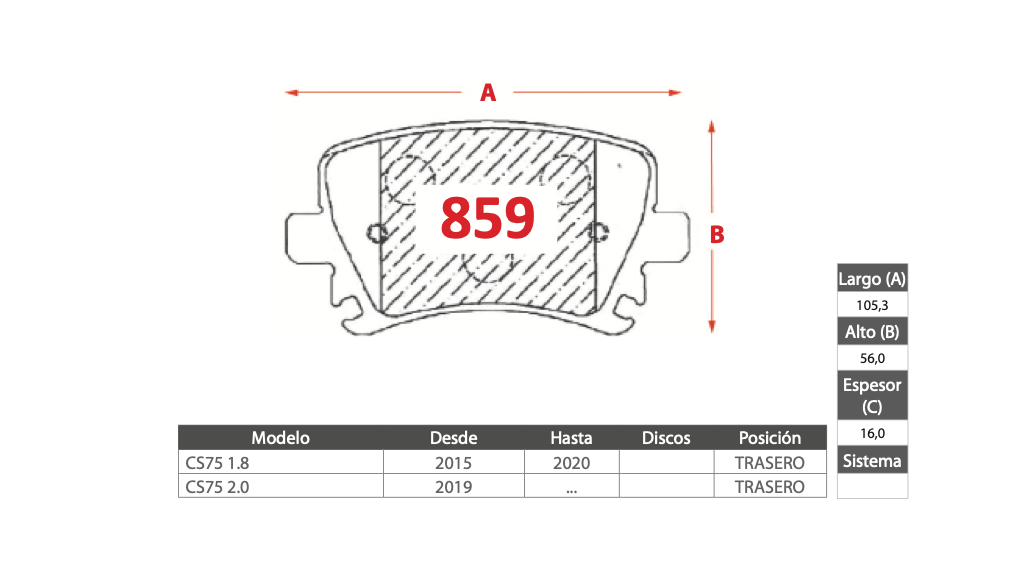 Pastilla de Freno GTX Changan (CS75 1.8, CS75 2.0) - Trasero