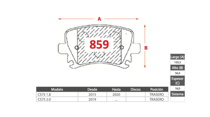 Pastilla de Freno GTX Changan (CS75 1.8, CS75 2.0) - Trasero