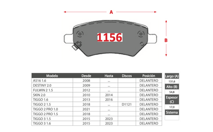 Pastilla de Freno PM Chery (A516, DESTINY, FULWIN, SKIN, TIGGO)