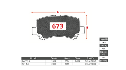 Pastilla de Freno GTX GOLD CERAMIC Chery (FACE 1.3, S21 1.3)