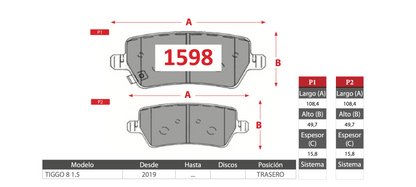 Pastilla de Freno GTX Chery (TIGGO 8 1.5) - Trasero