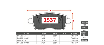 Pastilla de Freno GTX Chery (TIGGO 7 1.5, TIGGO 7 PRO 1.5, TIGGO 8 1.5, TIGGO 8 PRO 1.6) - Trasero