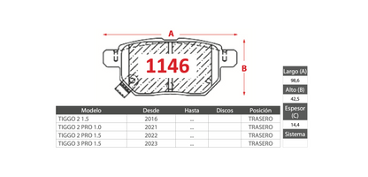 Pastilla de Freno AP Chery (TIGGO 2 1.5, TIGGO 2 PRO 1.0/1.5, TIGGO 3 PRO 1.5) - Trasero