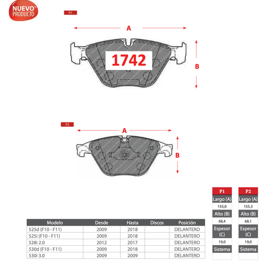 Pastilla de Freno BREMBO BMW Serie 5 (525d/525i/528i/530d/530i)
