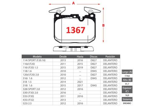 Pastilla de Freno BREMBO BMW (114i/116d/116i/118i/120d/316i/318/318i/328i/330i/335i/435i/525i)