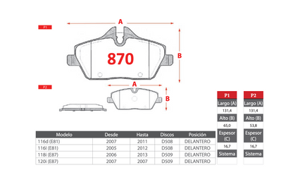 Pastilla de Freno BREMBO BMW Serie 1 (116d/116i/118i/120i)