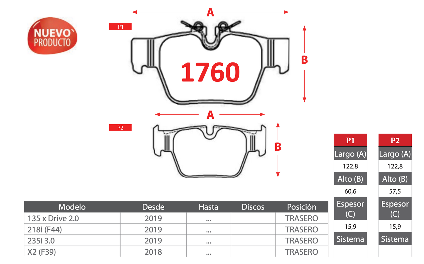 Pastilla de Freno BREMBO BMW (135 x Drive/218i/235i/X2) Trasero
