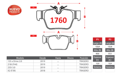 Pastilla de Freno BREMBO BMW (135 x Drive/218i/235i/X2) Trasero