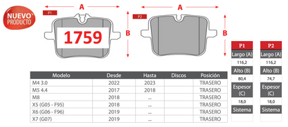 Pastilla de Freno BREMBO BMW (M4/M5/M8/X5/X6/X7) Trasero