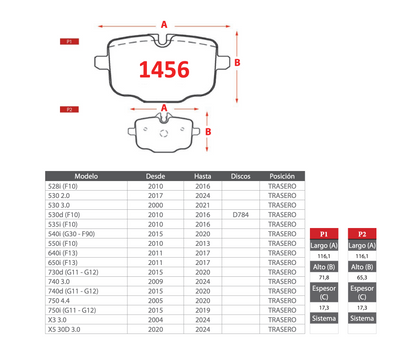 Pastilla de Freno BREMBO BMW (528i/530/535i/540i/550i/640i/650i/730d/740/740d/750/750i/X3/X5) Trasero