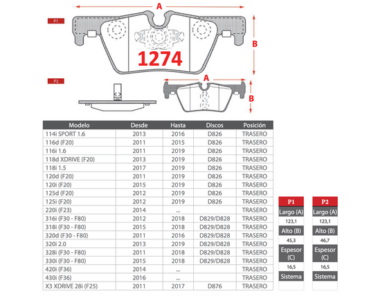 Pastilla de Freno BREMBO BMW (114i/116d/116i/118d/118i/120d/120i/125d/125i/220i/316i/318i/320d/320i/328i/330i/420i/430i/X3) Trasero