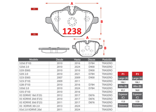 Pastilla de Freno BREMBO BMW (520d/520i/523i/528i/530d/535i/X3) Trasero