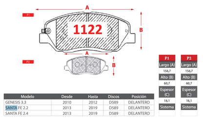 Pastilla de Freno Hyundai (Genesis 3.3, Santa Fe 2.2, Santa Fe 2.4) - GTX