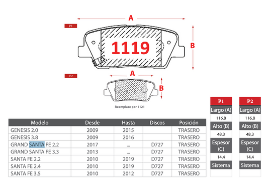 Pastilla de Freno Hyundai (Genesis 2.0, Genesis 3.8, Grand Santa Fe 2.2, Grand Santa Fe 3.3, Santa Fe 2.2, Santa Fe 2.4, Santa Fe 3.5) Trasero - BREMBO