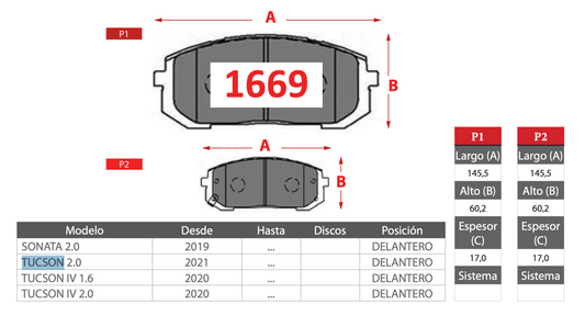 Pastilla de Freno Hyundai (Sonata 2.0, Tucson 2.0, Tucson IV 1.6, Tucson IV 2.0) - GTX