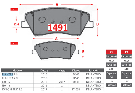 Pastilla de Freno Hyundai (Elantra 1.6, Elantra 2.0L, I30 1.6, I30 1.8, IONIQ Hybrid 1.6) - BREMBO