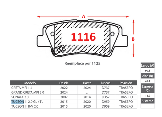 Pastilla de Freno Hyundai (Creta MPI 1.4, Grand Creta MPI 2.0, Sonata 2.0, Tucson III 2.0) Trasero - PM