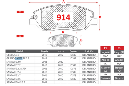 Pastilla de Freno Hyundai Genesis 3.3, Grand Santa Fe 2.2, Santa Fe 2.0, Santa Fe 2.2, Santa Fe 2.4, Santa Fe 2.7, Santa Fe 3.5, Santa Fe MPI 3.3 - GTX - Delantera