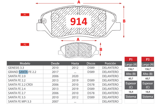 Pastilla de Freno Hyundai (Genesis 3.3, Grand Santa Fe 2.2, Santa Fe 2.0, Santa Fe 2.2, Santa Fe 2.4, Santa Fe 2.7, Santa Fe 3.5, Santa Fe MPI 3.3) - BREMBO