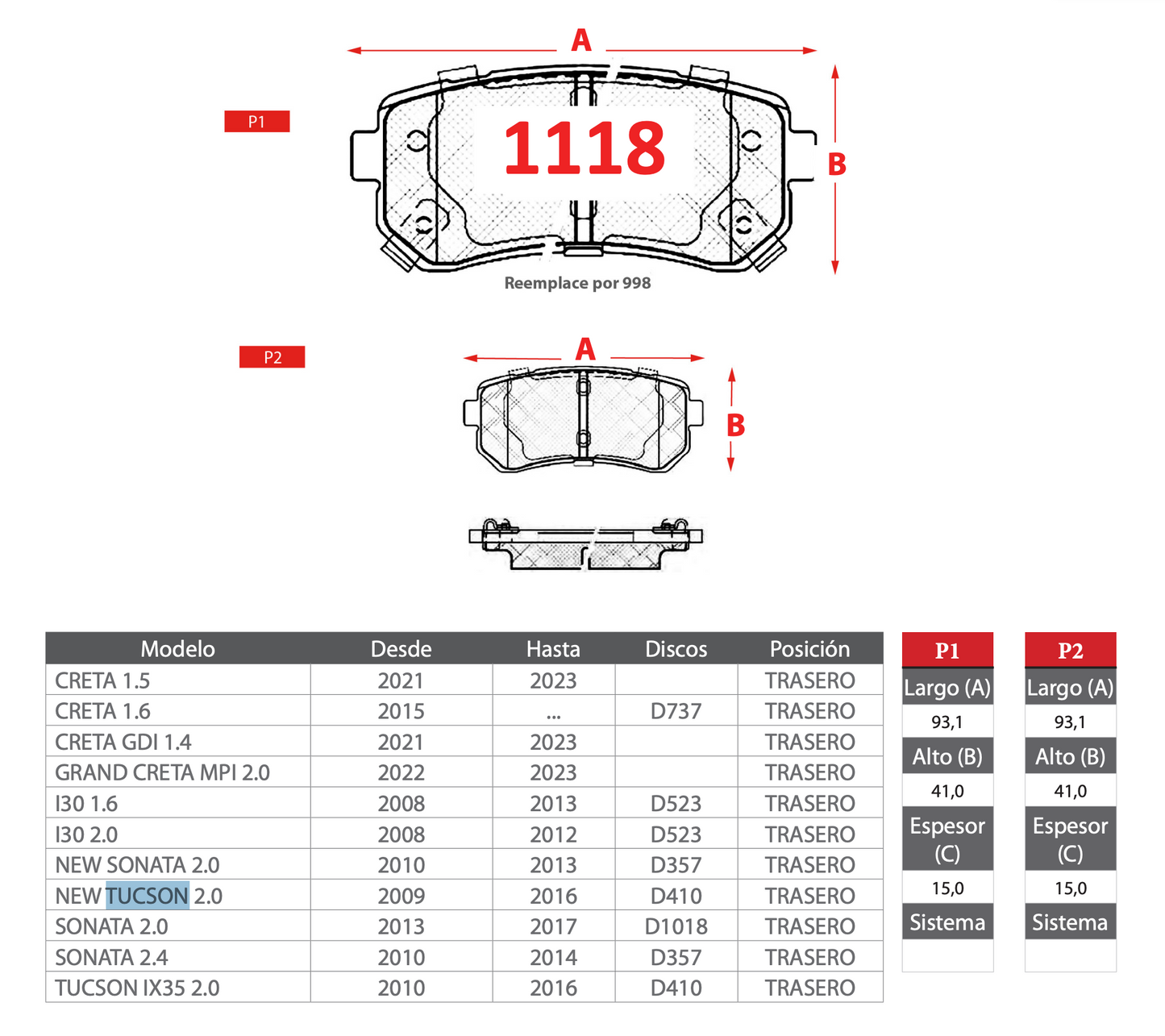 Pastilla de Freno Hyundai Creta, Grand Creta, I30, New Sonata, New Tucson, Sonata, Tucson IX35 - GTX - Trasera