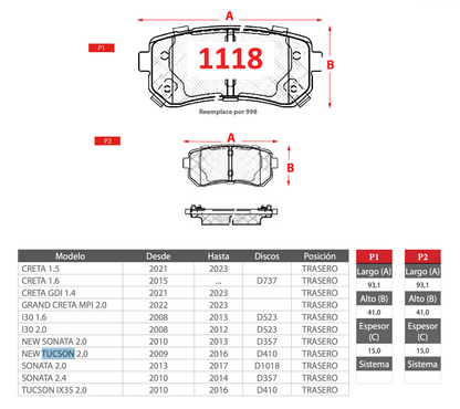 Pastilla de Freno Hyundai Creta, Grand Creta, I30, New Sonata, New Tucson, Sonata, Tucson IX35 - GTX - Trasera