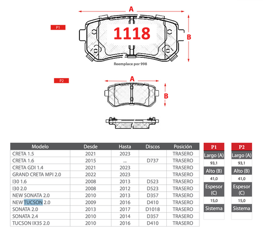 Pastilla de Freno Hyundai (Creta, Grand Creta, I30, New Sonata, New Tucson, Sonata, Tucson IX35) Trasero - GTX
