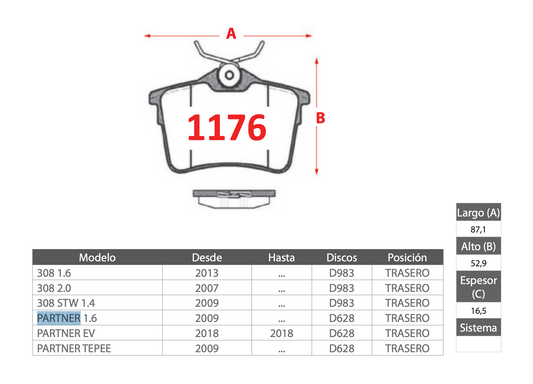 Pastilla de Freno Peugeot (308, Partner, Partner EV, Partner Tepee) Trasero - BREMBO