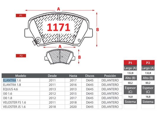 Pastilla de Freno Hyundai (Elantra 1.6, Elantra 1.8, Equus 4.6, I30 1.6, I30 1.8, Veloster FS 1.6, Veloster JS 1.6) - BREMBO