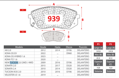Pastilla de Freno Hyundai (I40, Kona, New Tucson, Sonata, Tucson IX35, Veloster) - PM