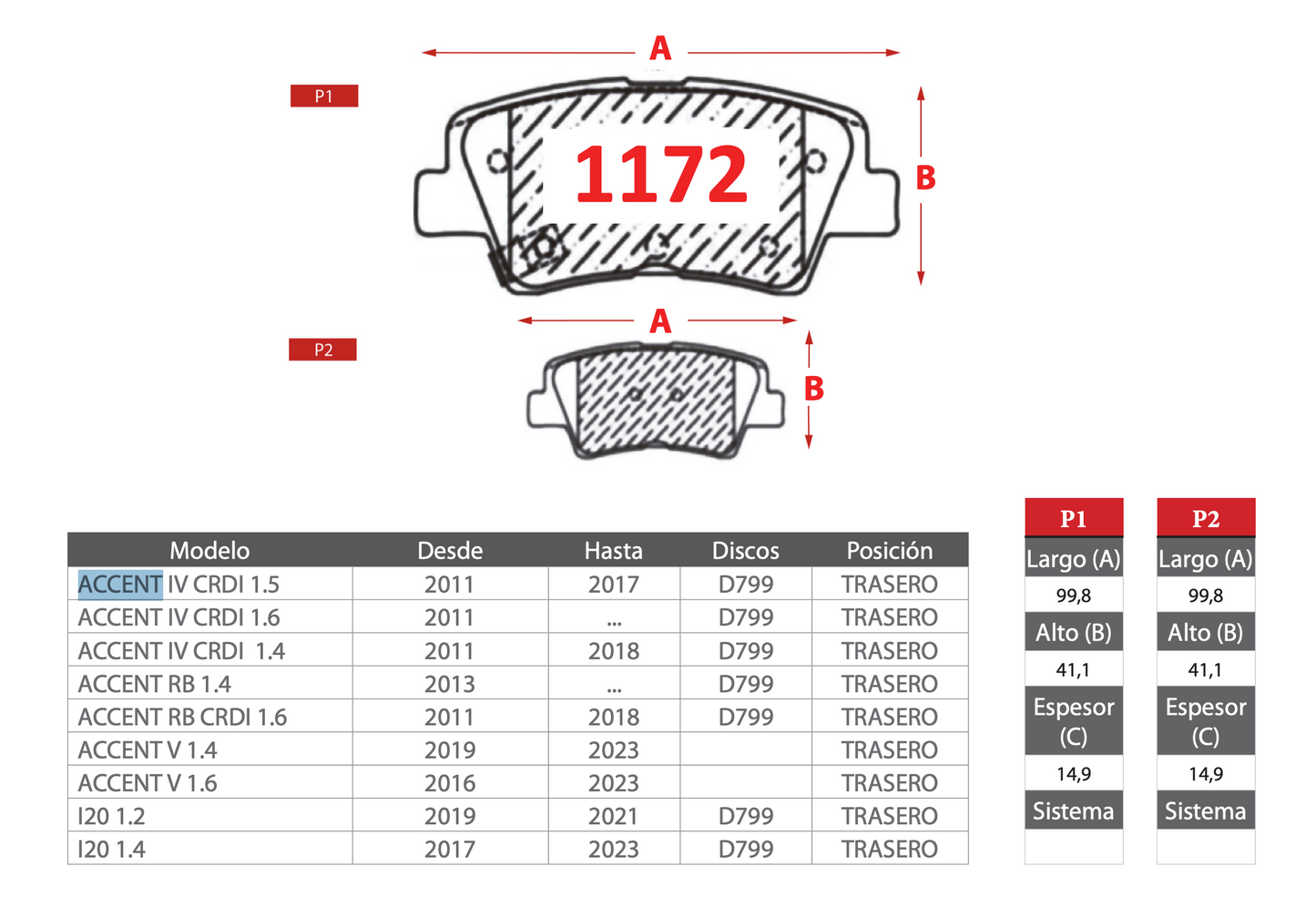 Pastilla de Freno Hyundai (Accent IV, Accent RB, Accent V, I20) Trasero - PM