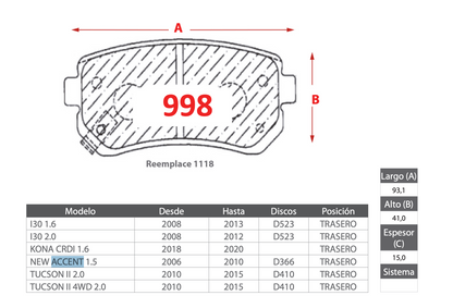 Pastilla de Freno Hyundai (I30, Kona, New Accent, Tucson II) Trasero - GTX