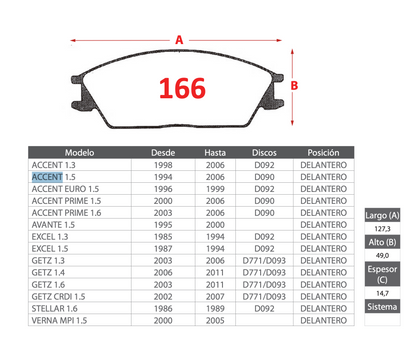 Pastilla de Freno Hyundai (Accent, Getz, Excel, Avante, Stellar, Verna) - PM