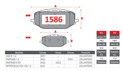 Pastilla de Freno Peugeot (308 III, Partner, Partner V K9, Rifter) Delantero - PM