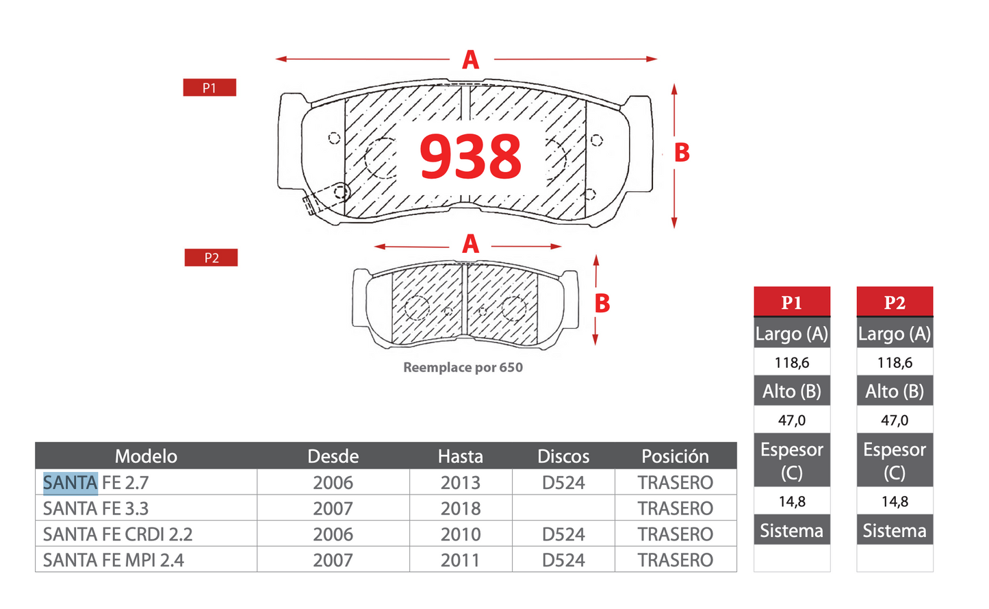 Pastilla de Freno Hyundai (Santa Fe 2.7, Santa Fe 3.3, Santa Fe CRDI 2.2, Santa Fe MPI 2.4) Trasero - PM