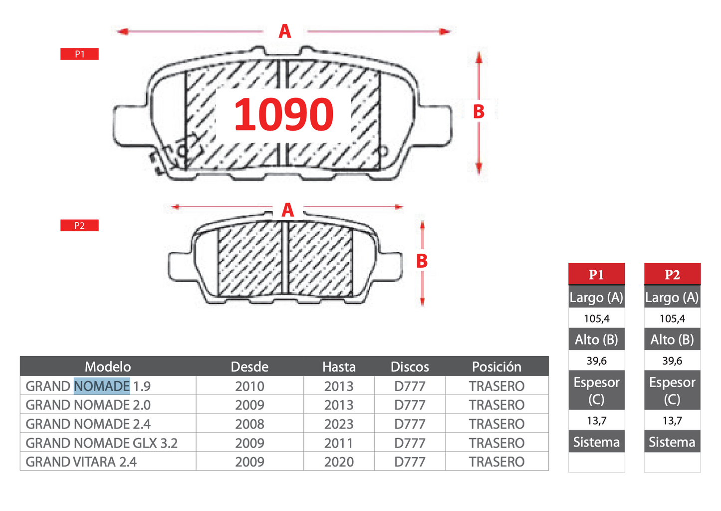 Pastilla de Freno Suzuki (Grand Nomade, Grand Vitara 2.4) Trasero - PM