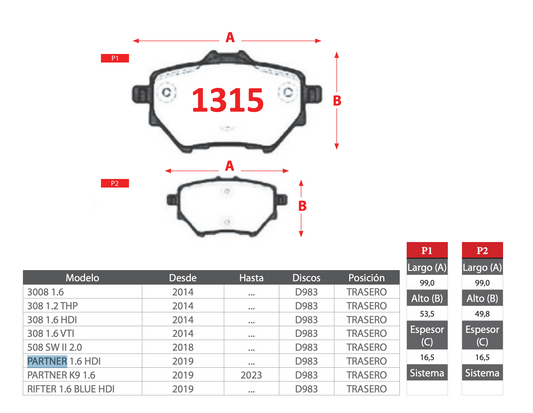 Pastilla de Freno Peugeot (3008, 308, 508 SW II, Partner, Partner K9, Rifter) Trasero - BREMBO