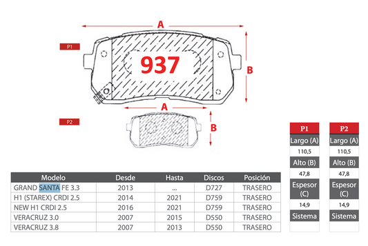 Pastilla de Freno Hyundai (Grand Santa Fe 3.3, H1 CRDI 2.5, New H1 CRDI 2.5, Veracruz 3.0, Veracruz 3.8) Trasero - BREMBO