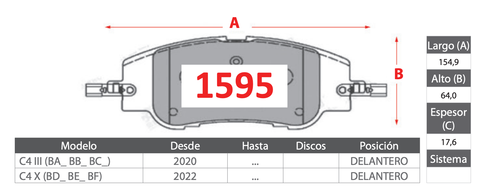 Pastilla de Freno Citroën C4 código 1595