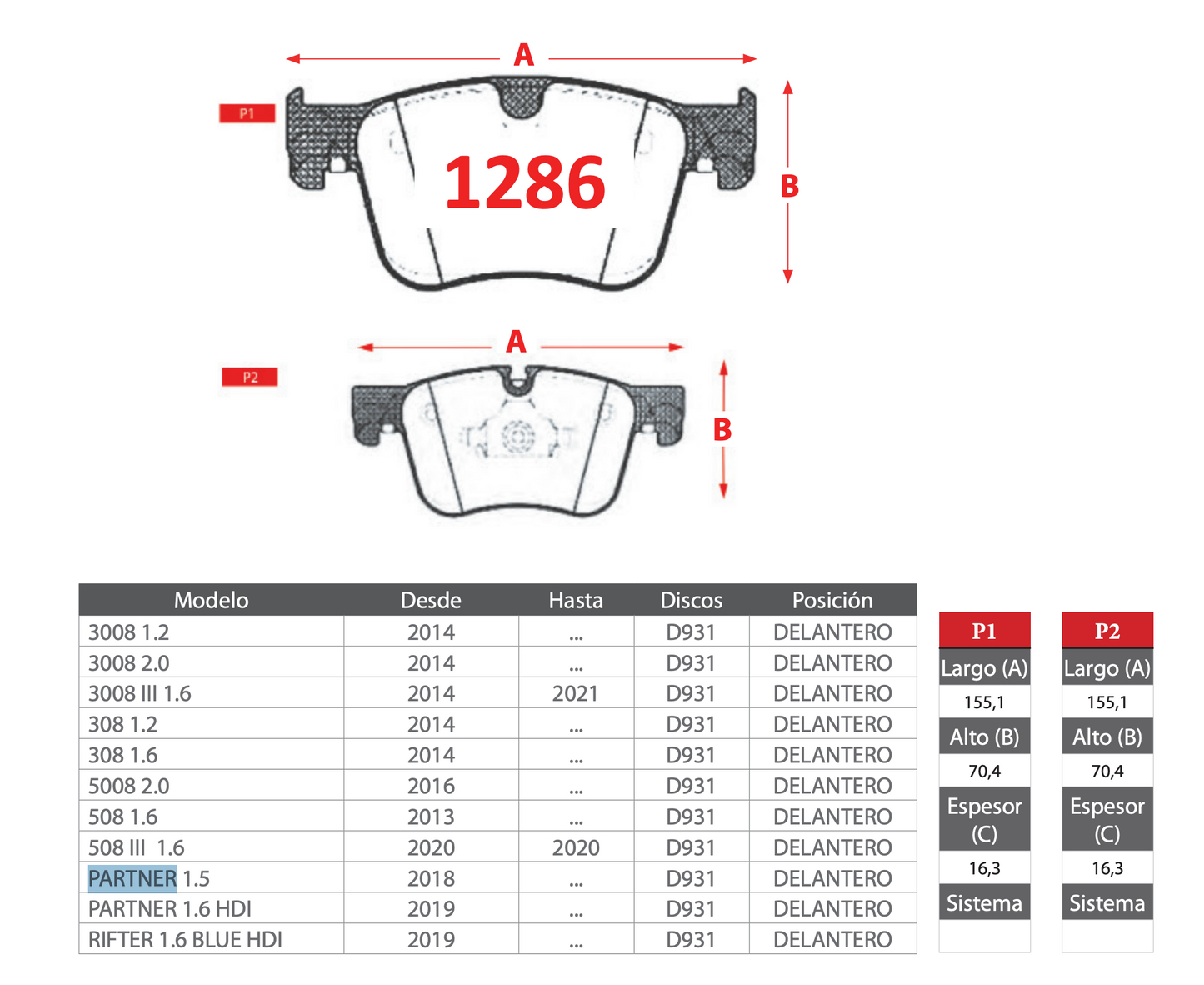 Pastilla de Freno Peugeot (3008, 308, 5008, 508, Partner, Rifter) - PM