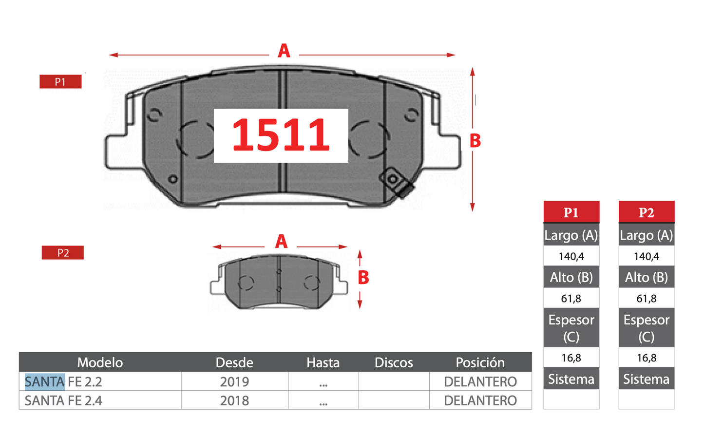 Pastilla de Freno Hyundai (Santa Fe 2.2, Santa Fe 2.4) - PM