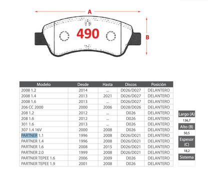 Pastilla de Freno Peugeot (2008, 206 CC, 208, 301, 307, Partner, Partner Tepee) - BREMBO