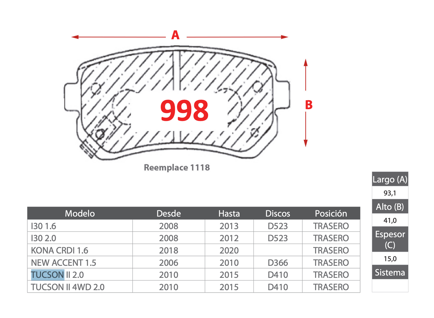 Pastilla de Freno Hyundai I30 1.6, I30 2.0, Kona CRDI 1.6, New Accent 1.5, Tucson II 2.0 - PM - Trasera