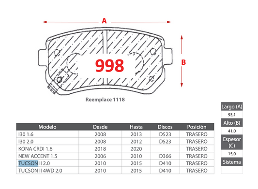 Pastilla de Freno Hyundai (I30 1.6, I30 2.0, Kona CRDI 1.6, New Accent 1.5, Tucson II 2.0) Trasero - PM